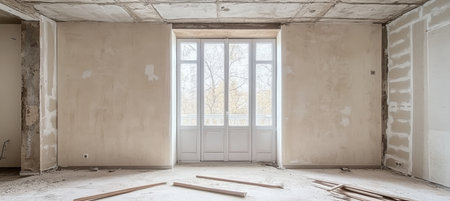 Renovation in Progress Empty Room with Plaster Walls, Window, and Construction Debrisの素材