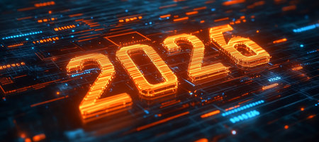 Glowing Digital 2026 Year Number on Futuristic Circuit Board Background, 3D Renderingの素材