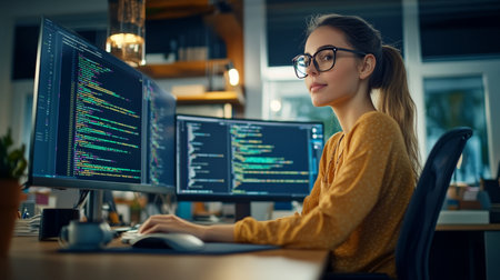 Focused Young Female Developer Coding on Dual Monitors in a Modern Office Environment.の素材