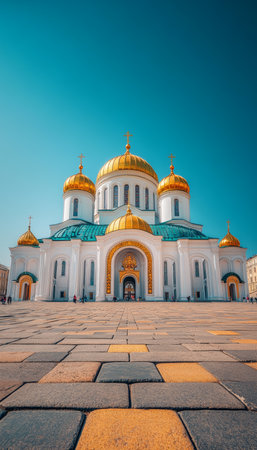 Saint Sophia Cathedral, Kyiv, Ukraine. Ancient Temple with Golden Domes Under Blue Skyの素材