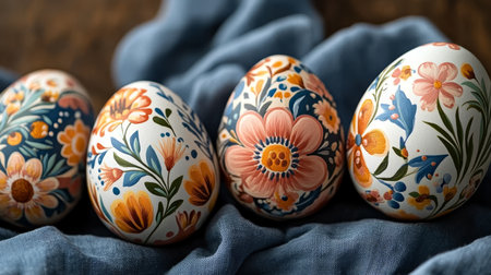 Floral Painted Easter Eggs on Blue Fabric Festive Spring Celebration of Colors and Traditionの素材