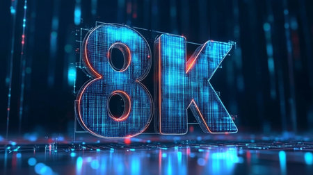 Glowing Digital 3D 8K Logo on Futuristic Technology Background, Representing Ultra High Definitionの素材