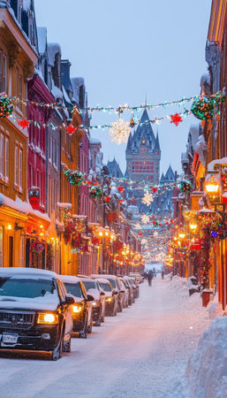 Snowy street lined with historic buildings adorned with Christmas lights in Quebec City, Canadaの素材