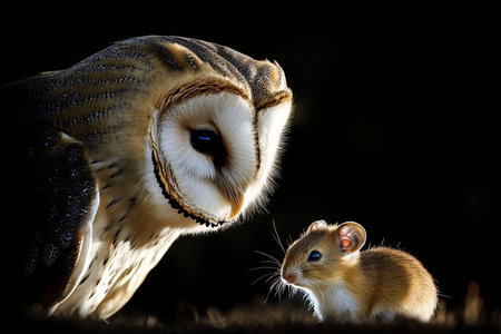 Owl and Mouse, Nighttime Wildlife Portrait Captivating Encounter Between Predator and Preyの素材