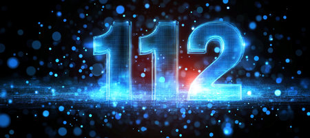 Glowing Digital Number 112 in Futuristic Style on Abstract Background with Particles and Lens Flaresの素材