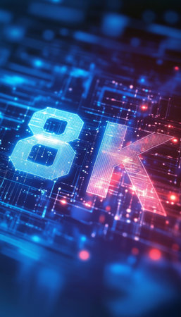Glowing 8K Resolution Text on Futuristic Circuit Board, Representing Advanced Technologyの素材