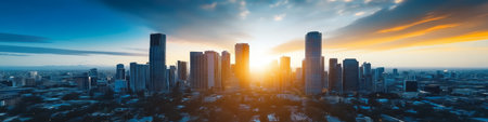 Vibrant Downtown City Skyline During Sunset with Orange Clouds, a Picturesque Urban Landscapeの素材
