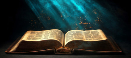 Open Antique Bible Bathed in Ethereal Light, Revealing Ancient Wisdom on a Dark Backgroundの素材