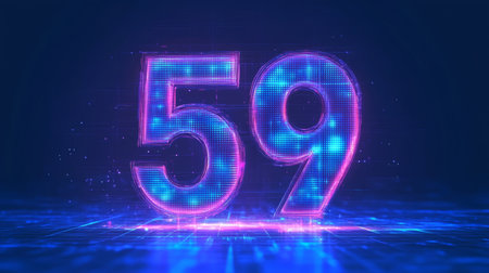 Glowing Digital 3D Number 59 on a Futuristic Background, Technology and Innovation Concept.の素材