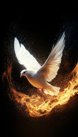 White Dove Soaring Through Fiery Background Symbol of Purity, Hope, and Transformationの素材