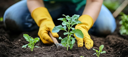 Close-up, Gardener Plants Seedling With Hand Trowel In Garden, Sustainable Living Conceptの素材