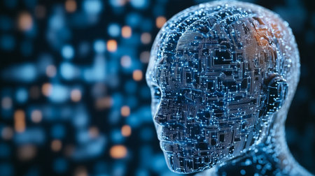 Digital Mind, AI Concept Human Head Formed With Circuitry And Network Data On Blue Backgroundの素材