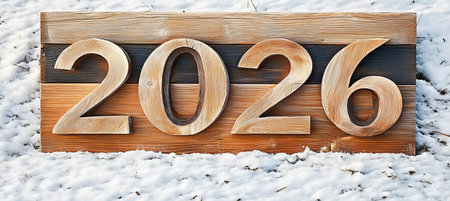 Wooden Number 2026 Sign On Rustic Background, Winter Snowy Scene, Concept For New Yearの素材