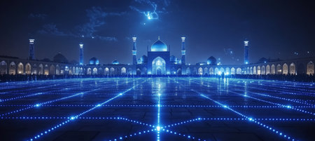 Sheikh Lotfollah Mosque in Isfahan, Iran, Illuminated in Digital Network Style at Nightの素材