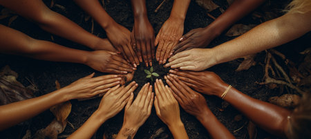 Diverse Hands Encircling A Young Plant, Symbolizing Unity, Sustainability, And Environmentalismの素材