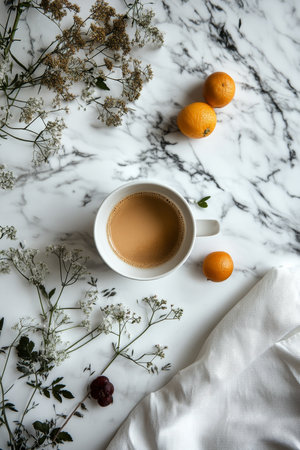Cup of herbal tea with apricots and wildflowers on white marble background, top view.の素材