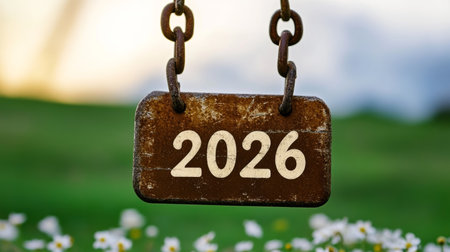Rusty Metal Sign Hanging On Chains, Displaying The Year 2026 Against A Green, Natural Background.の素材