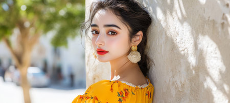 Beautiful Asian Woman In Summer Outfit With White Floral Embellishments, Stock Portraitの素材