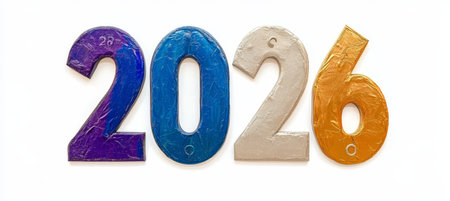 2026 New Year Numbers on White Background, Metallic Gold, Silver and Gradient Color Textの素材
