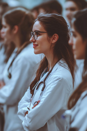 Group Of Young, Diverse Medical Students In Hospital Corridor, Healthcare Education Conceptの素材