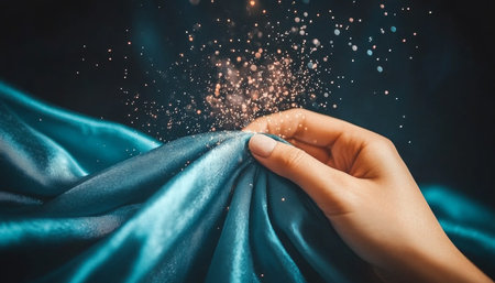 Magic Touch Hand Illuminates Shimmering Blue Fabric with Sparkles, Dramatic Lightingの素材
