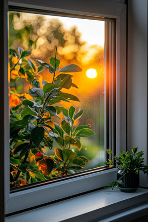 Golden Hour Tranquility View of a stunning sunset through a window framed by lush green plants.の素材