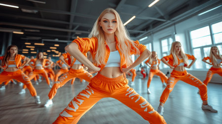 Confident, athletic women in bright orange workout clothes in dance class at the gym.の素材