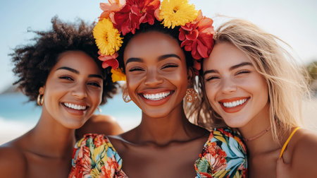 Joyful Diverse Friends Celebrate Vacation, Beaming with Happiness on a Sunny Beach Getawayの素材