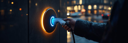 Urban Electric Vehicle Charging at Night Hand Holds Cable, Illuminated Port, Bokeh City Lightsの素材