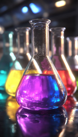 Laboratory glassware with colorful solutions, beakers, and flasks on a reflective surface.の素材