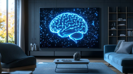 Modern Living Room Interior with Digital Display Showing Abstract Brain, Technology Conceptの素材