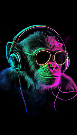 Neon Party Monkey Cool Primate DJ in Headphones and Sunglasses, Isolated on Black Backgroundの素材