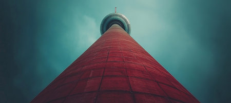 Berlin TV Tower Low Angle View of Iconic Red and White Striped Telecommunication Structureの素材