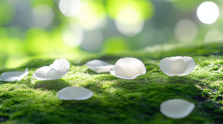 White Petals on Green Moss Soft focus, natural lighting and vibrant spring colors.の素材