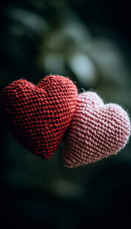 Two Knitted Hearts, Red and Pink, on Dark Background, Concept of Love, Valentines Day, Handmade Giftの素材