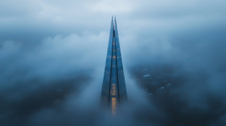 Modern Skyscraper Piercing Through a Dense Blanket of Fog, Urban Landscape, London, Englandの素材