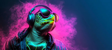 Cool Neon Party DJ Turtle with Headphones and Sunglasses Against Colorful Smoke Backdropの素材