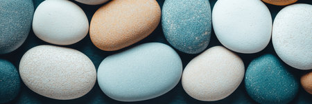 Smooth Pebble Collection Textured Background Featuring an Array of Round Gray and White Stonesの素材