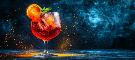 Refreshing Orange Cocktail with Ice Cubes and Mint Garnish on Dark Textured Backgroundの素材