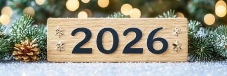 Festive Holiday Decor 2026 Wooden Sign, Twinkling Lights, Pine Branches, and Sparkly Snowの素材