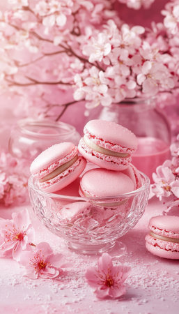 Pink macarons in a glass bowl, spring blossom, romantic french dessert on a pink background.の素材