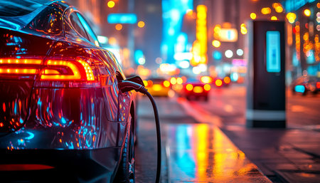 Electric Car Charging at Urban Charging Station, Night Cityscape, Sustainable Transportationの素材