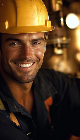 Portrait Of A Handsome, Smiling Engineer In Yellow Hard Hat Industry And Professionalismの素材