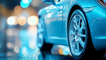 Sleek Blue Sports Car Detail Reflected City Lights, Polished Alloy Wheel, Blurred Night Backgroundの素材
