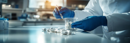 Pharmacist Prepares Medication in Busy Pharmacy Setting, Filling Container with Pillsの素材