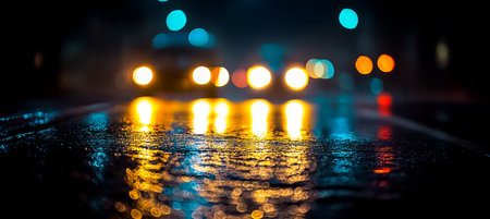 Blurred City Lights Reflected in the Wet Asphalt, Creating a Colorful Bokeh Effect at Night.の素材