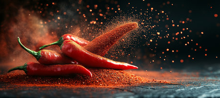Explosion of Red Chili Powder with Fresh Chili Peppers on a Dark Background, Culinary Photographyの素材