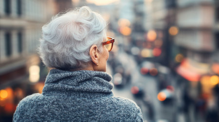 Senior Woman Enjoys City View, Urban Lifestyle, Contemplative Moments, Aging Gracefullyの素材