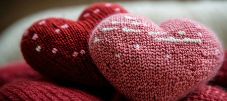 Close-Up of Two Hand-Knitted Red and Pink Hearts on a Blurred Background, Symbol of Loveの素材