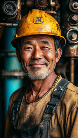 Portrait of a Smiling Construction Worker in Hard Hat at Industrial Factory, Professional Stockの素材